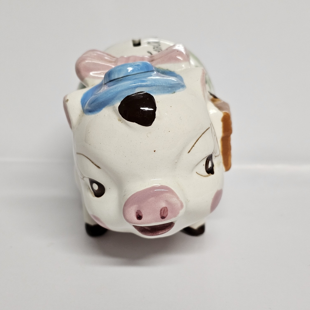 Vintage Ceramic Piggy Bank – Hand-Painted Floral “Cash Only -- No Refunds”